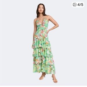 ASTR Green Floral Tiered Maxi Dress with Cutout Bodice XS new.